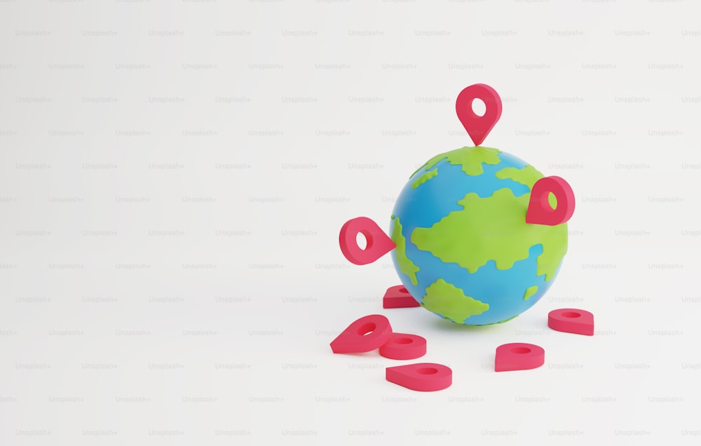 Big red pin on planet earth and clouds on blue background. Location pinpoints symbol traveling to places in the world with GPS. 3D render illustration.