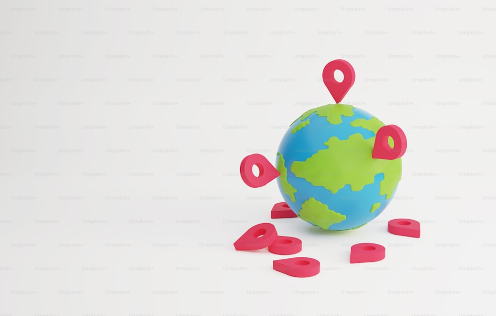 Große rote Stecknadel auf dem Planeten Erde und Wolken auf blauem Hintergrund. Der Standort lokalisiert das Symbol, das mit GPS zu Orten in der Welt reist. 3D-Render-Illustration.