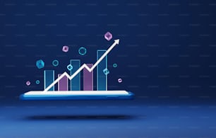 Incremental graphs and arrows on smartphones. Trade growth, financial investment Market trends and investments growing through digital. 3D render illustration.