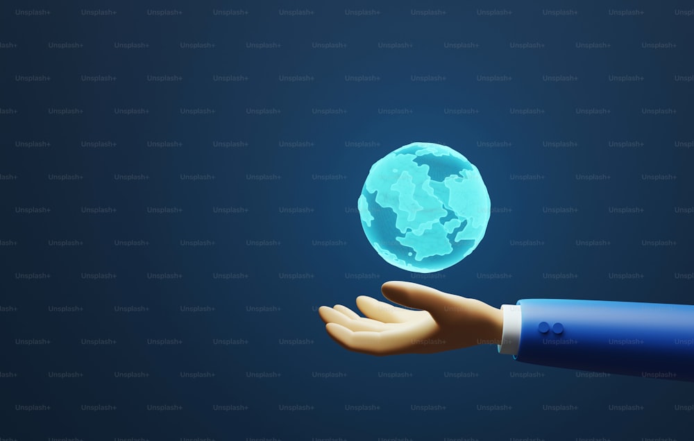 Geschäftsmann, der ein virtuelles Globushologramm auf blauem Hintergrund in der Hand hält. Kommunikationsnetzwerk in der Metaverse-Welt, Technologie der Zukunft. 3D-Render-Illustration.