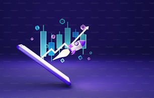 Graph candlesticks with rocket and arrow come out of smartphone screen. Financial investment business and investment goals cryptocurrency. 3d render illustration.