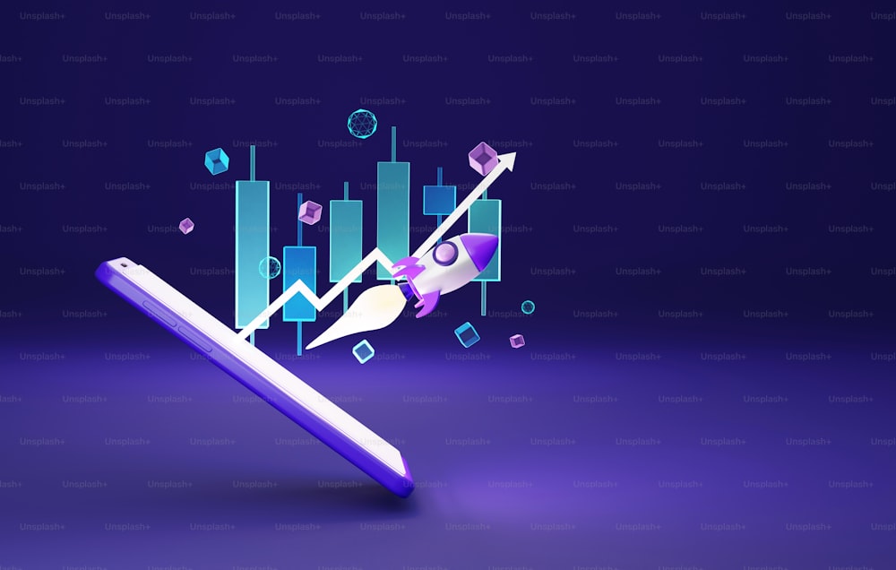 Graph candlesticks with rocket and arrow come out of smartphone screen. Financial investment business and investment goals cryptocurrency. 3d render illustration.