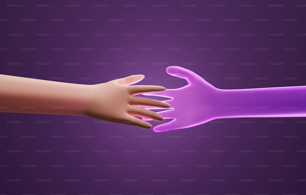ホログラムの手に触れる メタバースの世界、未来の技術、デジタルの世界における仮想シミュレーション。濃い紫色の背景にネオンライト。3Dレンダリングイラスト。