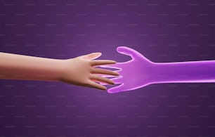 Hand in touch with hologram hand Virtual simulation in metaverse world, futuristic technology, digital world. dark purple background neon light. 3D render illustration.