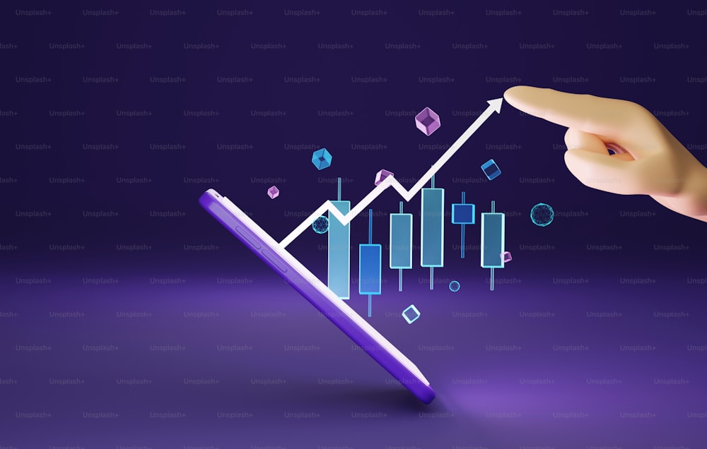 Businessman's hand pointing to a glowing arrow graph pointing to investment growth, finance and profit with business success metaverse. 3D rendering illustration.