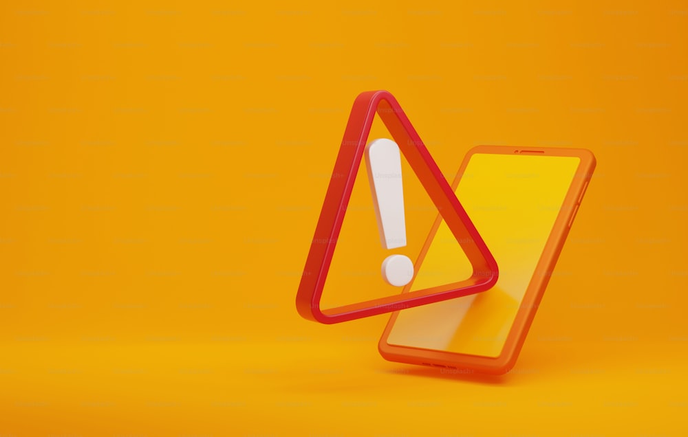 オレンジの背景にモバイル通知バッジのシンボル。安全警告サインスマートフォン詐欺の危険性に関する警告オンライン詐欺アラートデータセキュリティ。3Dレンダリングイラスト。