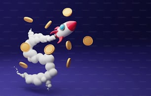 El cohete despega con humo y moneda en forma de dólar. Aumentar los ingresos o aumentar las ganancias comerciales que aumentan los ingresos por inversiones. Ilustración de renderizado 3D.