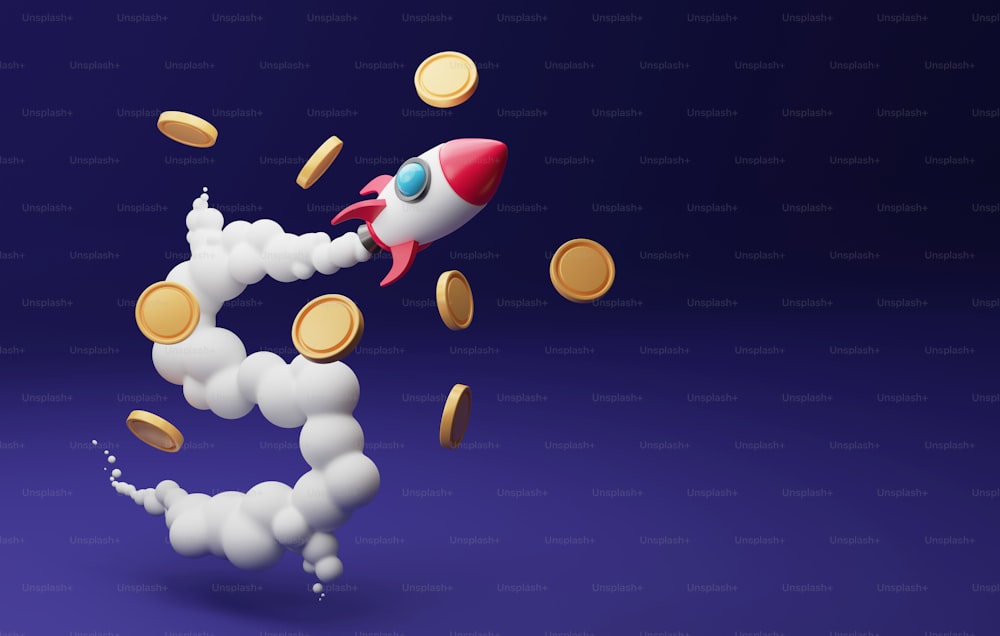 Rocket decolla con fumo e moneta a forma di dollaro. Aumento del reddito o aumento dei profitti aziendali che aumentano i redditi da investimenti. Illustrazione di rendering 3D.