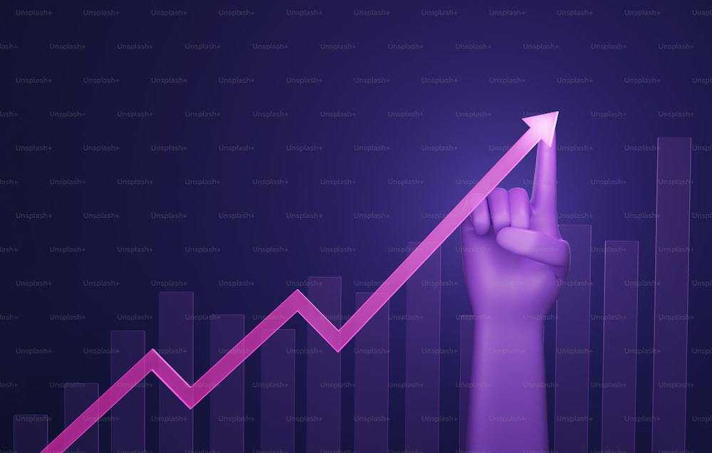 Businessman hand pointing to a shine bright arrow graph onpurple background. Pointing up growth and success goals for better business direction in future. 3d render illustration.