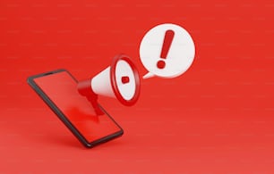 Megafone com bolha de bate-papo de alerta de segurança e smartphone isolado em fundo vermelho. Alertas de Perigo de Fraude Online Alertas de segurança da informação em telemóveis. Ilustração de renderização 3D.