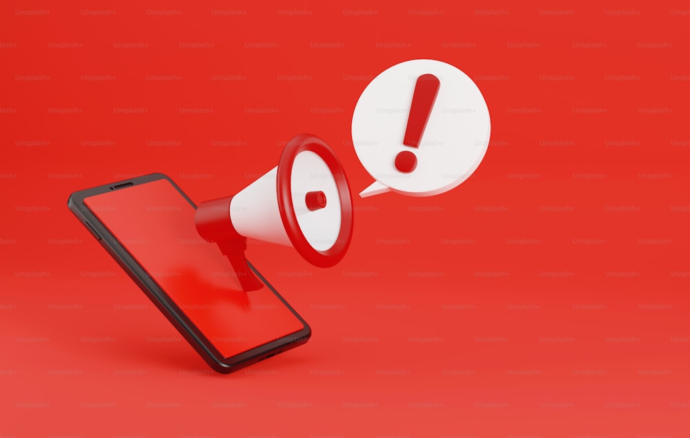 Megafono con bolla di chat di avviso di sicurezza e smartphone isolato su sfondo rosso. Avvisi di pericolo di frode online Avvisi di sicurezza delle informazioni nei telefoni cellulari. Illustrazione di rendering 3D.