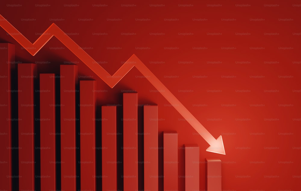 赤い背景に下向きの矢印、下向きの棒グラフ、投資不況、金融危機のインフレ率の低下傾向。3Dレンダリングイラスト