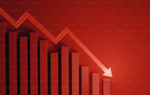 Flèche rouge pointant vers le bas avec graphique à barres décroissant sur fond rouge tendance à la baisse de l’investissement récession crise financière inflation. Illustration de rendu 3D