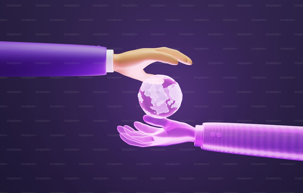 Erleben Sie die Verbindung der Netzwerktechnologie in der Metaverse-Welt auf lila Hintergrund. Kommunikationsnetz-Zukunftstechnologie. 3D-Render-Illustration.