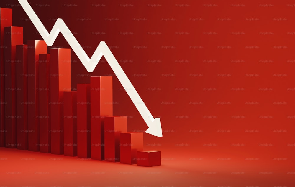 White arrow pointing down with declining bar graph on red background downward trend in investment recession financial crisis inflation. 3d render illustration