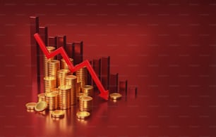 Roter Pfeil, der nach unten zeigt, mit rückläufigem Balkendiagramm und Münze auf rotem Hintergrund, Abwärtstrend bei Investitionen, Rezession, Finanzkrise, Inflation. 3D-Render-Illustration