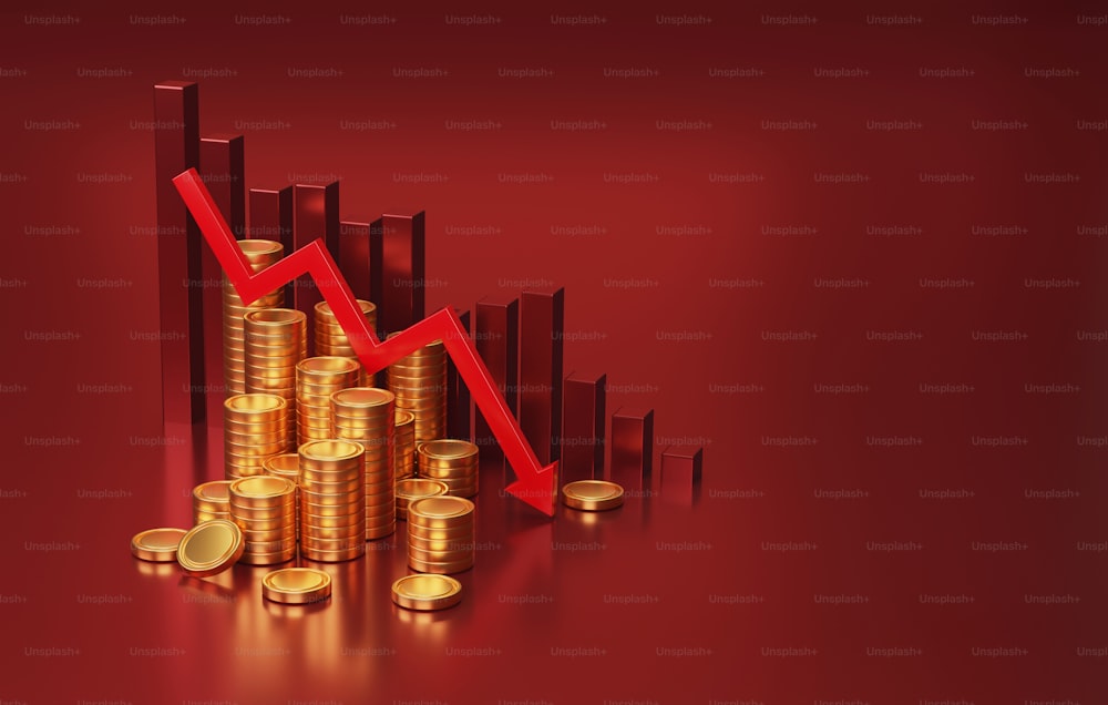 Roter Pfeil, der nach unten zeigt, mit rückläufigem Balkendiagramm und Münze auf rotem Hintergrund, Abwärtstrend bei Investitionen, Rezession, Finanzkrise, Inflation. 3D-Render-Illustration