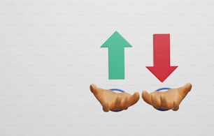 Fluctuation des stocks. Flèches instables vers le haut et vers le bas concernant le risque d’investissement. La flèche verte pointe vers le haut et la flèche rouge vers le bas dans la main de l’investisseur. Illustration de rendu 3D.