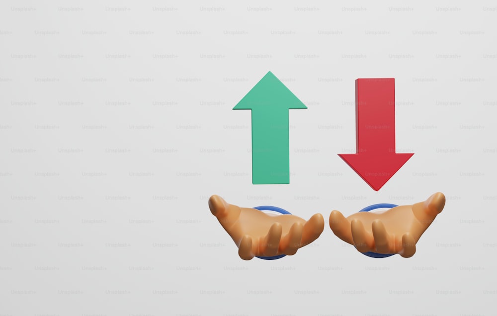 Fluttuazione delle scorte. Frecce instabili su e giù sul rischio di investimento. La freccia verde punta verso l'alto e la freccia rossa è verso il basso nella mano dell'investitore. Illustrazione di rendering 3D.