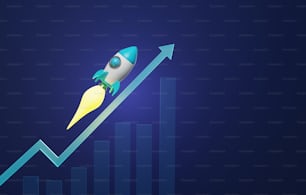 Barra de crescimento e foguete com seta para cima no fundo azul escuro. Rápido crescimento econômico de investimento em estratégia de sucesso empresarial. Ilustração de renderização 3D.