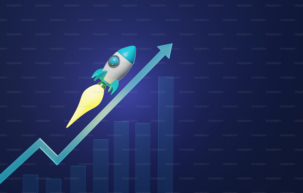 濃い青の背景にバーとロケットを上矢印で成長させる。急速な経済成長ビジネス成功戦略投資。3Dレンダリングイラスト。