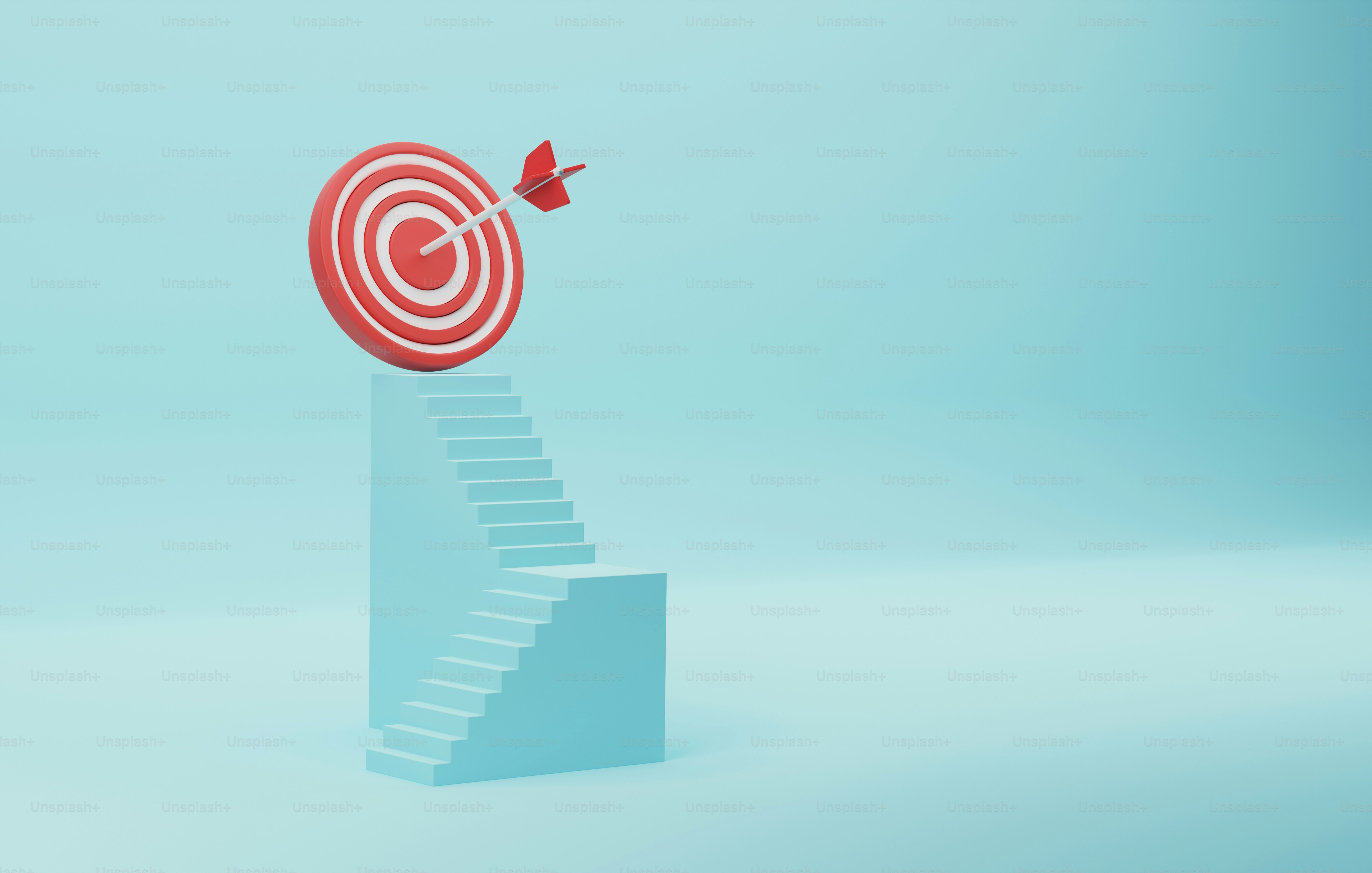 Red dartboard sits atop a blue stair on a blue background. Business success strategy, Steps to achieving goals. 3D render illustration.