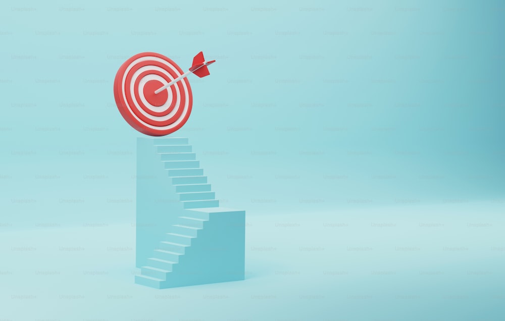 Red dartboard sits atop a blue stair on a blue background. Business success strategy, Steps to achieving goals. 3D render illustration.