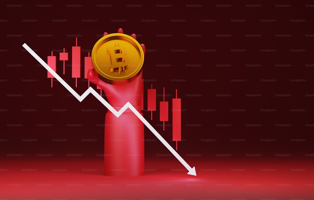 Freccia con candelabro rosso verso il basso e prezzo della moneta bitcoin sugli smartphone. diminuire gli investimenti di mercato della criptovaluta verso il basso Trend Rischi di investimento. Illustrazione di rendering 3D.