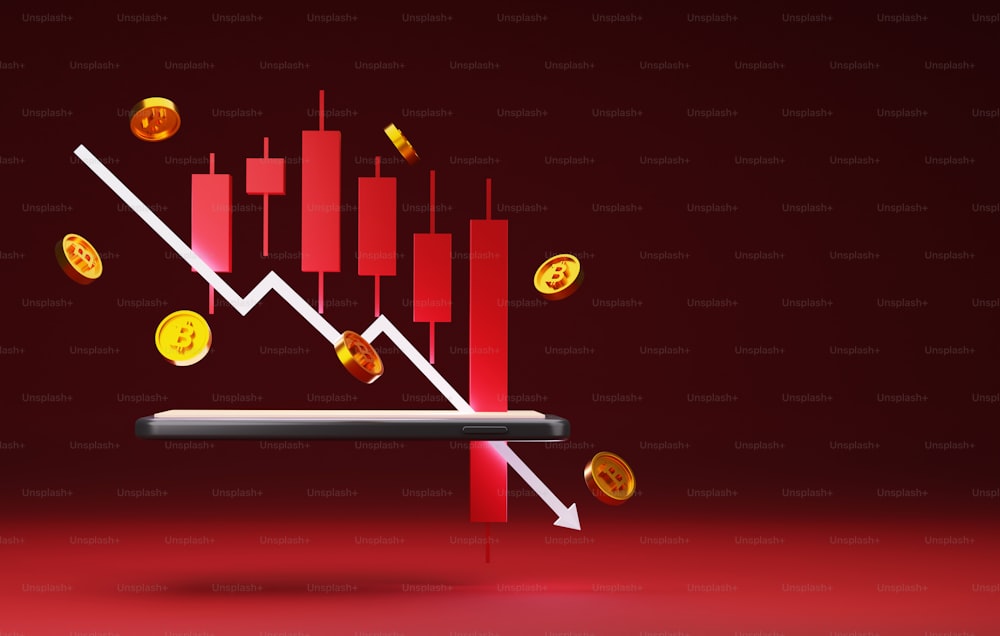 Pfeil mit roter Kerze nach unten und Bitcoin-Münzpreis auf Smartphones. Marktinvestitionen von Kryptowährungen nach unten ablehnen Trend Anlagerisiken. 3D-Render-Illustration.