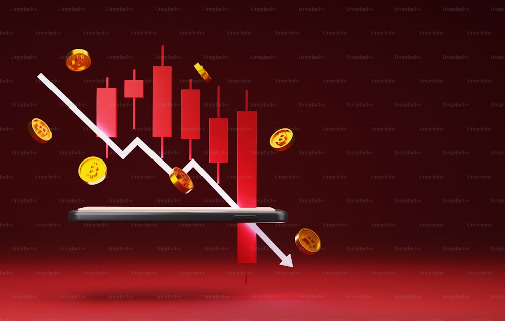 赤いローソク足を下向きにした矢印とスマートフォンのビットコインコイン価格。暗号通貨の市場投資を減少させる 下降トレンド 投資リスク。3Dレンダリングイラスト。