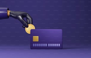 紫の背景にクレジットカードでコインを盗む泥棒の黒い手袋をはめた手の接写。オンラインクレジットカードハッククレジットカード支払いアカウント詐欺はオンラインでお金を盗みます。3Dレンダリングイラスト。