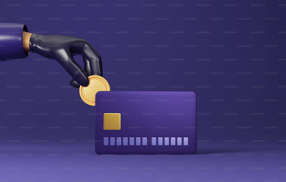 Nahaufnahme der schwarz behandschuhten Hand eines Diebes, der Münzen per Kreditkarte stiehlt, auf lila Hintergrund. Online-Kreditkarten-Hack Kreditkarten-Zahlungskonto-Betrug stehlen Geld online. 3D-Render-Illustration.