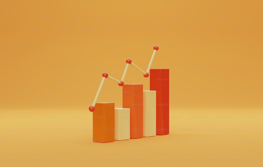 Financial data analysis and business growth and bar graph on yellow background. 3D render illustration