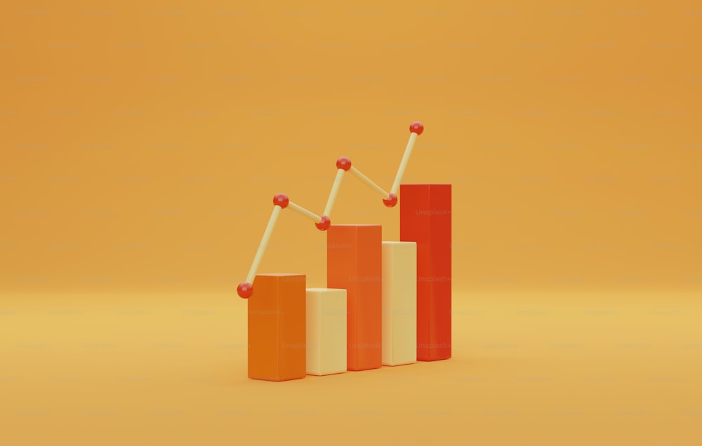 Finanzdatenanalyse und Geschäftswachstum sowie Balkendiagramm auf gelbem Hintergrund. 3D-Rendering-Illustration