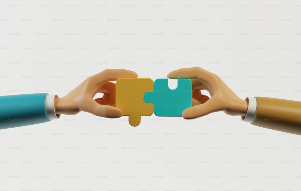 Le mani dell'uomo d'affari assemblano puzzle che collegano le persone su sfondo bianco. Lavoro di squadra che lavora insieme La cooperazione supporta il successo aziendale. Illustrazione di rendering 3D.