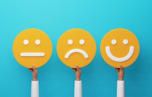 Os clientes expressam seus sentimentos através de emblemas de emoticon em fundo azul. Feedback de satisfação da pesquisa de satisfação do cliente para produtos e serviços positivos do cliente. Ilustração de renderização 3D