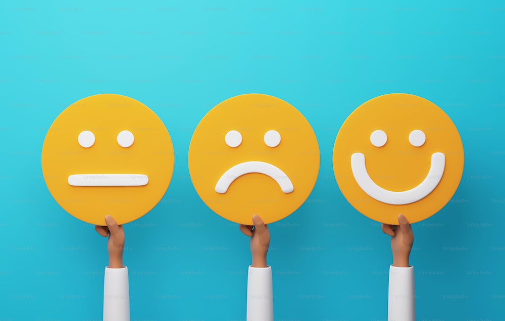 I clienti esprimono i loro sentimenti attraverso badge emoticon su sfondo blu. Feedback sulla soddisfazione del sondaggio sulla soddisfazione del cliente per prodotti e servizi positivi per i clienti. Illustrazione di rendering 3D