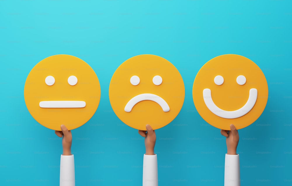 Customers express their feelings through emoticon badges on blue background. Customer Satisfaction survey satisfaction feedback for positive customer products and services. 3D render illustration