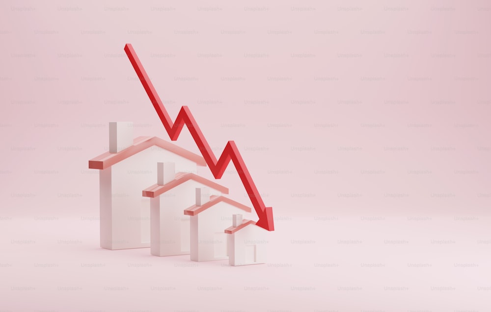 矢印が落ちている不動産市場のグラフ。不況 不動産事業では住宅価格が下落します。不動産市場の低迷 住宅市場は減少しています。3Dレンダリングイラスト