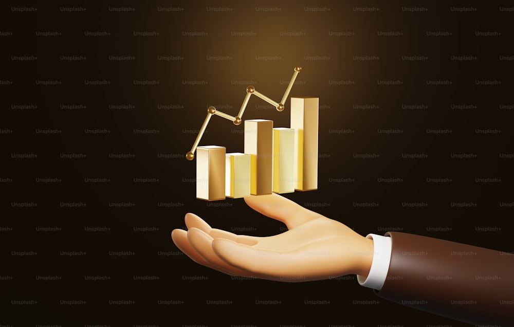 Bar graph on a businessman's hand on a dark brown background. Financial data analysis and business growth. 3D render illustration