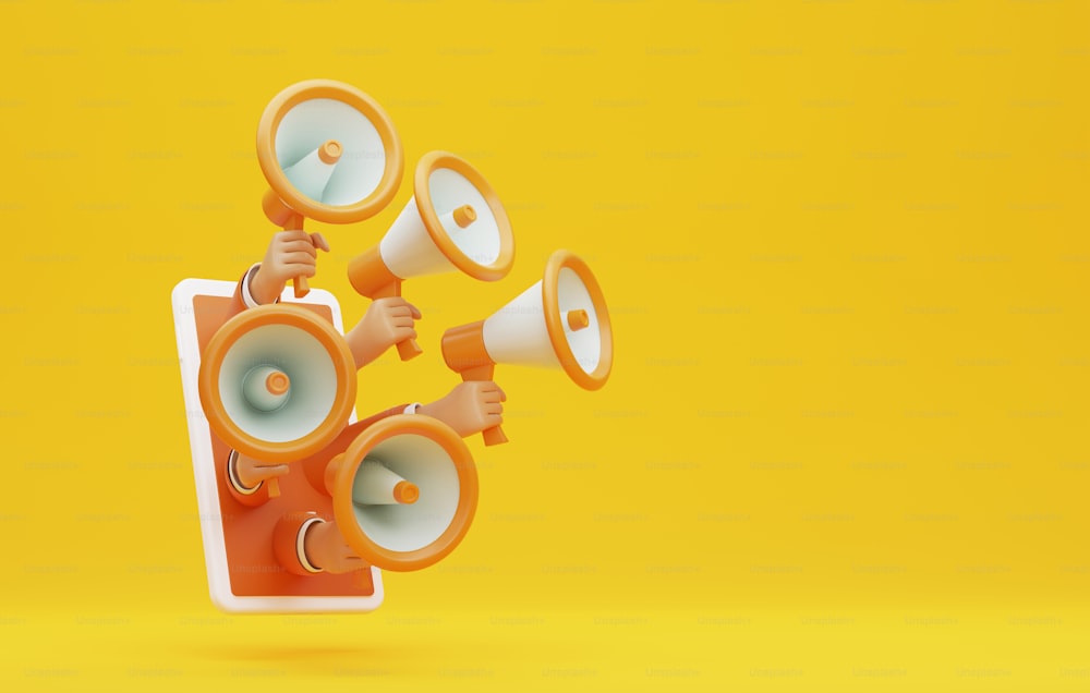 Several hands holding megaphones on smartphones in yellow background. Online marketing with promotional advertisements and promotional news. 3D render illustration.