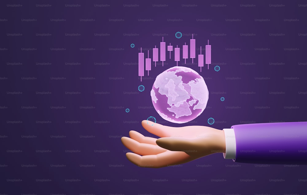 Gráfico de velas holograma em um globo virtual nas mãos de um empresário em um fundo azul. Negócios de investimento financeiro e metas de investimento criptomoeda. Ilustração de renderização 3D.