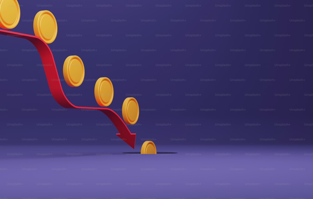 Grafico della freccia rossa che punta verso il basso apile di monete che cadono nel buco su sfondo viola. Recessione crisi finanziaria inflazione. Illustrazione di rendering 3D.