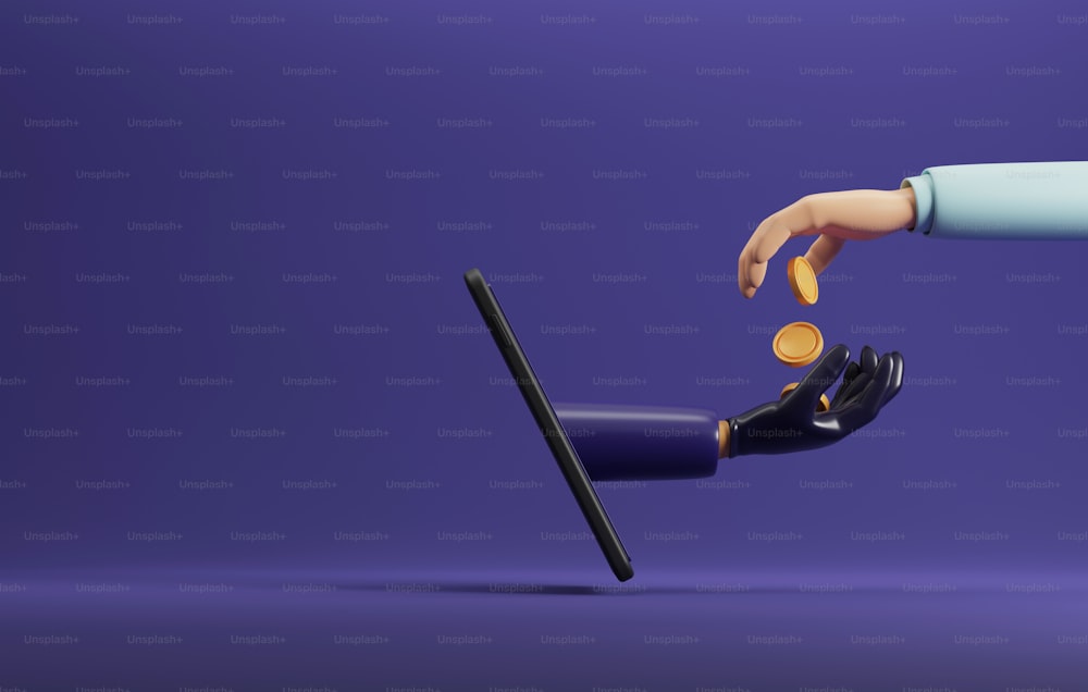 Estafas financieras en línea Delitos en Internet. La mano del estafador toma dinero del lanzador que paga a través de un teléfono inteligente. Ilustración de renderizado 3D.