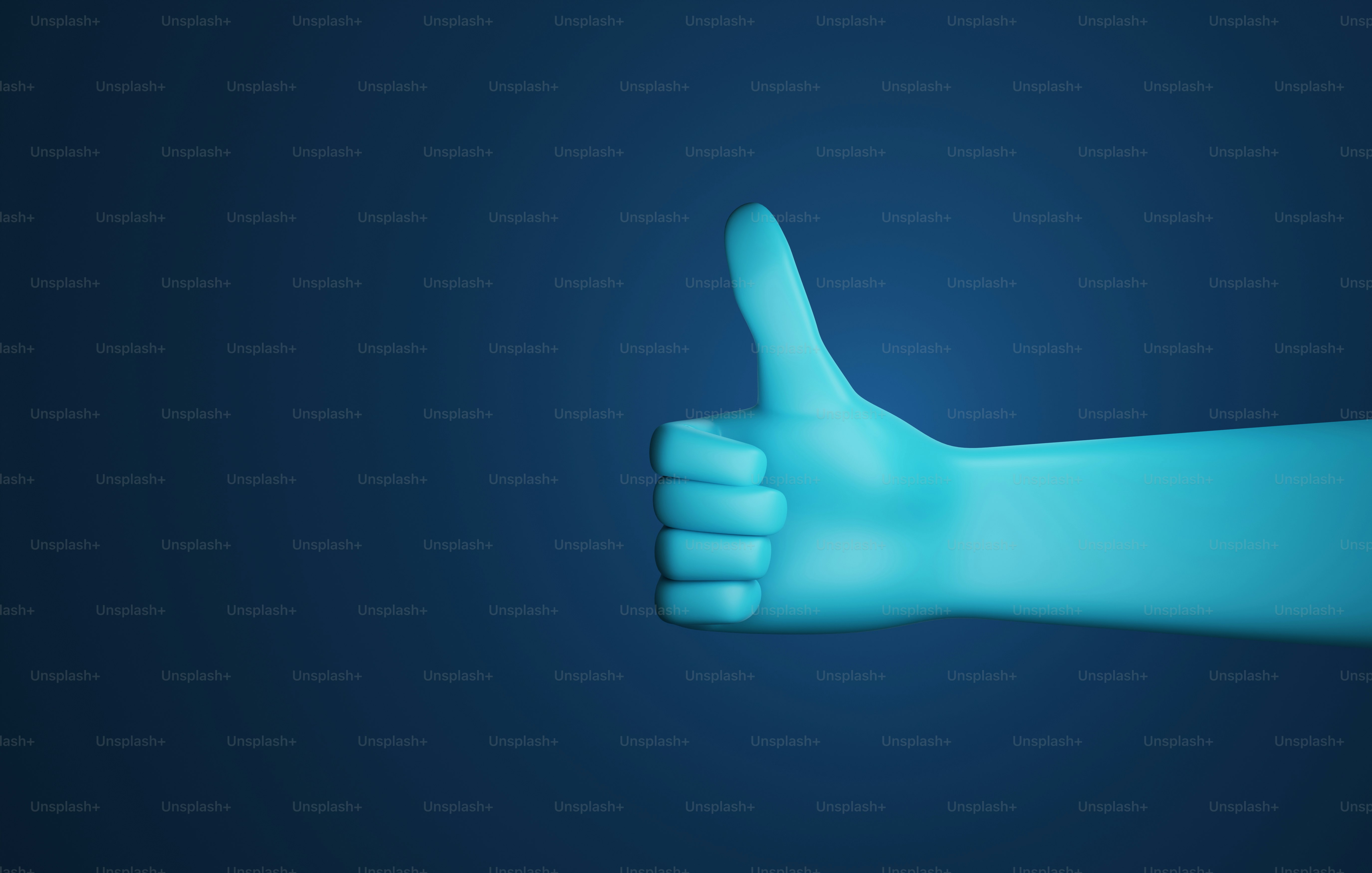 Thumbs up hand on dark blue background. Showing appreciation for success pleasure or preference online like symbol. 3d render illustration.