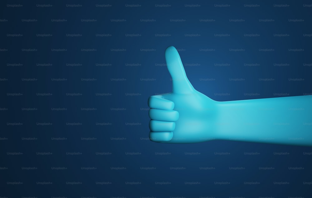 濃い青の背景に親指を立てる。シンボルのようにオンラインで成功の喜びや好みに感謝を示す。3Dレンダリングイラスト。