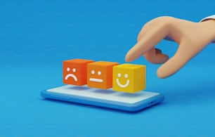 幸せそうな顔の絵文字を使用した顧客満足度調査 顧客の製品とサービスに関する優れたフィードバック。スマートフォンの青の背景に顔のアイコン。3Dレンダリングイラスト