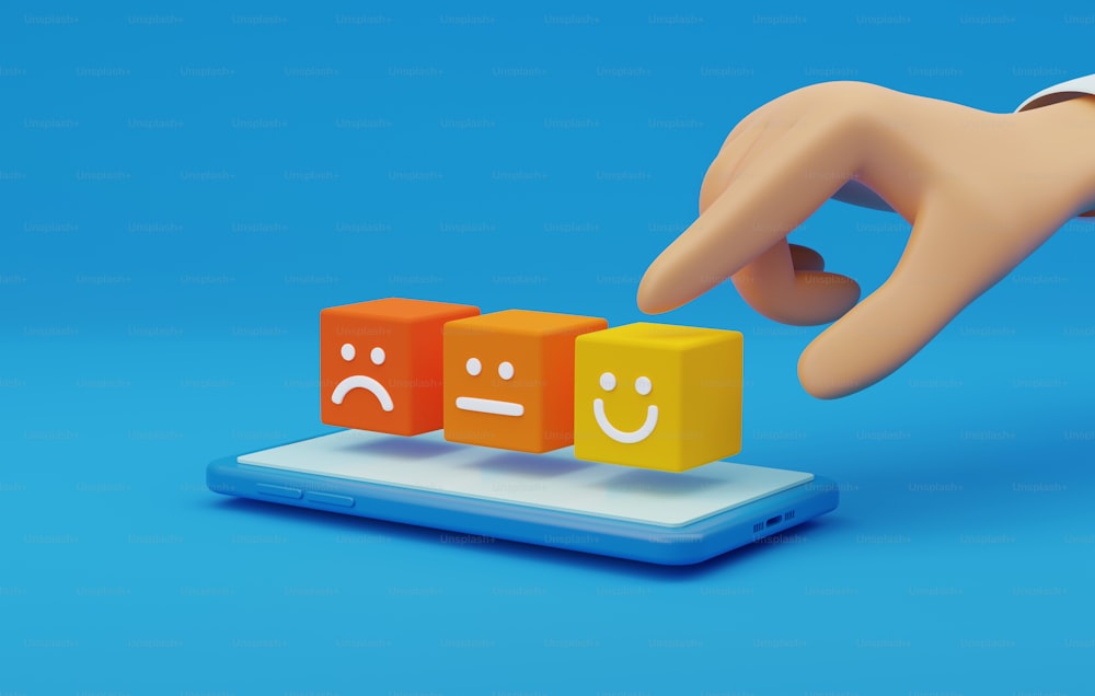 Customer satisfaction survey with happy face emoticons Excellent feedback on customer products and services. Face icon on smartphone blue background. 3D render illustration