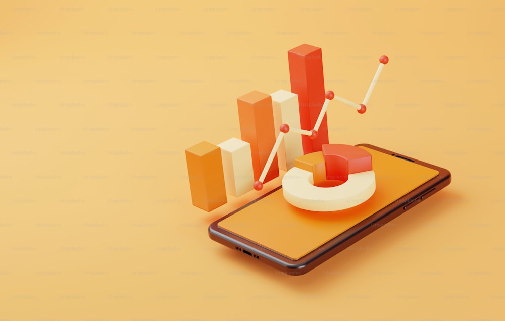 Analisi dei dati finanziari e crescita del business con grafico a torta e grafico a barre smartphone su sfondo giallo. Illustrazione di rendering 3D