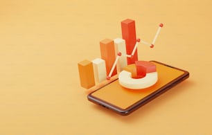 Analyse des données financières et croissance de l’entreprise avec graphique à secteurs et graphique à barres smartphone sur fond jaune. Illustration de rendu 3D